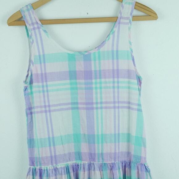 Vintage XXS Dress 80s Midi Pastel Plaid Drop Waist Cottagecore Preppy Cotton - Picture 2 of 7
